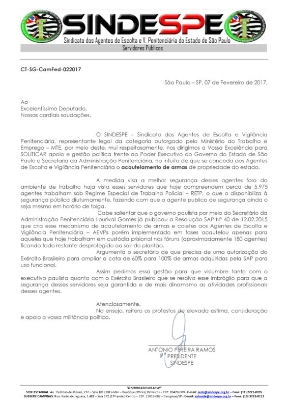 CARTA PEDIDO ACAUTELAMENTO SINDESPE X MAJOR OLIMPIO