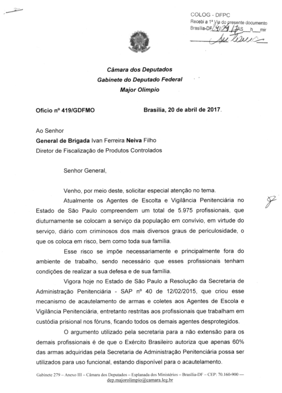 Oficio Major Olímpio ao EB Acautelamento de Armas AEVP - 1