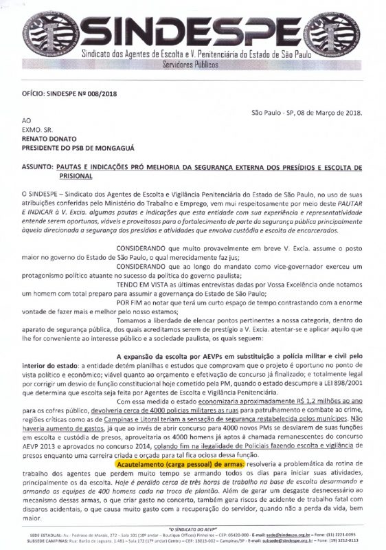 Primeira página do documento que pede o acautelamento de armas ao novo governador por meio da liderança do seu partido