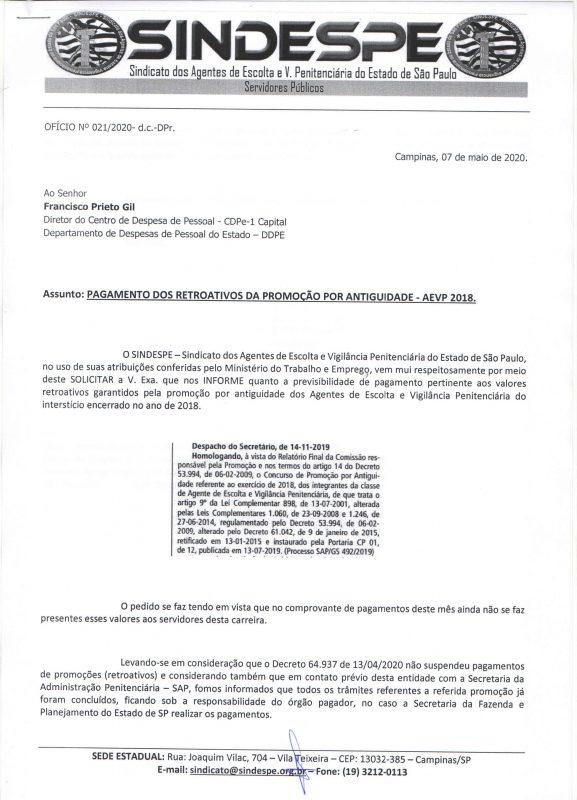 Ofício 21-2020- Francisco Prieto Gil CDPe-1 - DDPE - Sefaz - pagamento promoção por antiguidade AEVP 2018 pag1