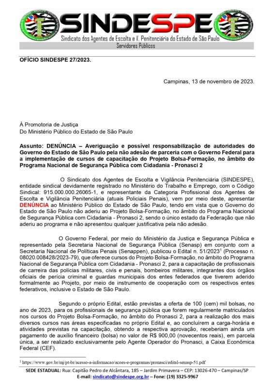 Of+¡cio 27-2023 - MPSP - DEN+ÜNCIA ÔÇô Averigua+º+úo pela n+úo ades+úo de parceria com o Governo Federal p_page-0001